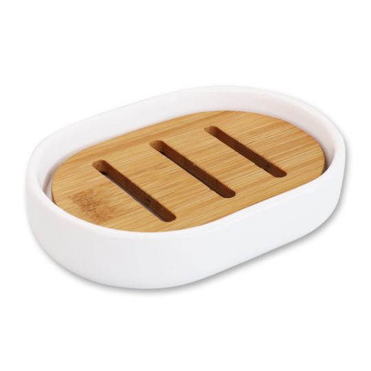 Porte-savon en porcelaine ovale avec insert en bois de bambou