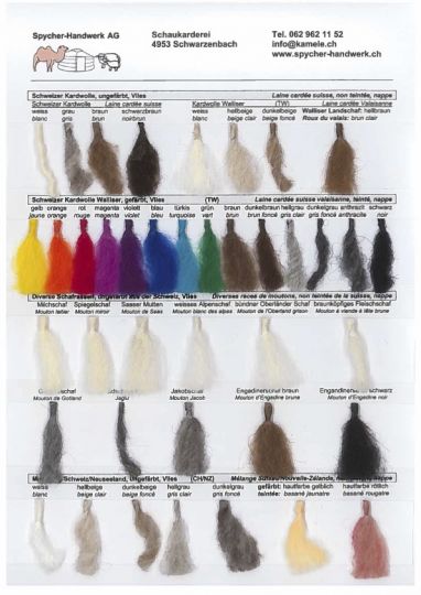 Carte d'échantillons laine cardée suisse et couleurs naturels